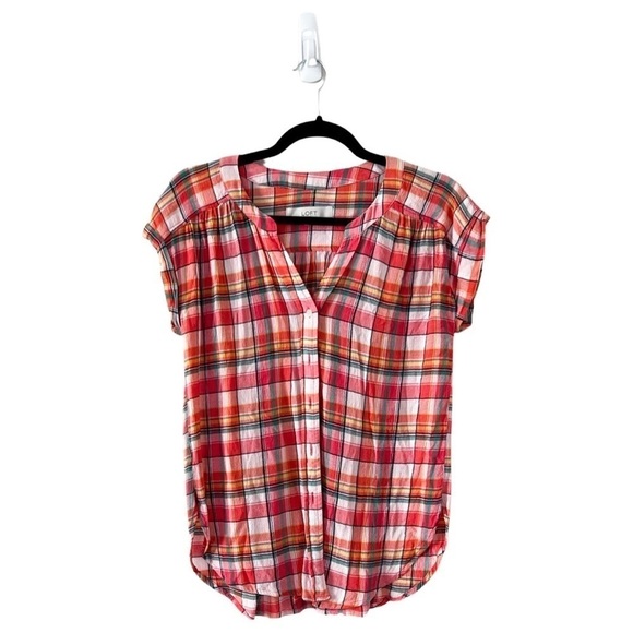 LOFT Dolman Plaid. Short Sleeve Button Down Pink Top Sz XS - Picture 2 of 8
